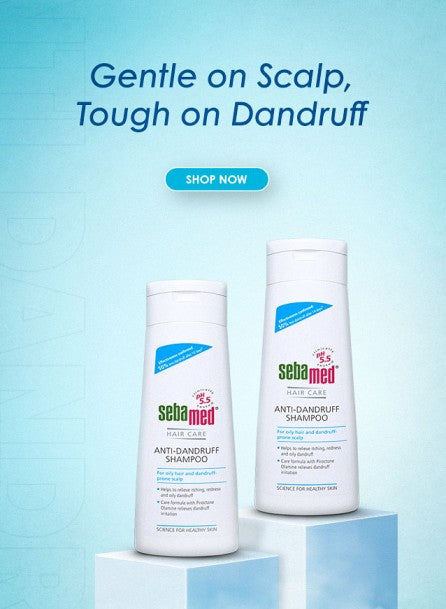 Two bottles of Sebamed anti-dandruff shampoo on a light blue background with promotional text.