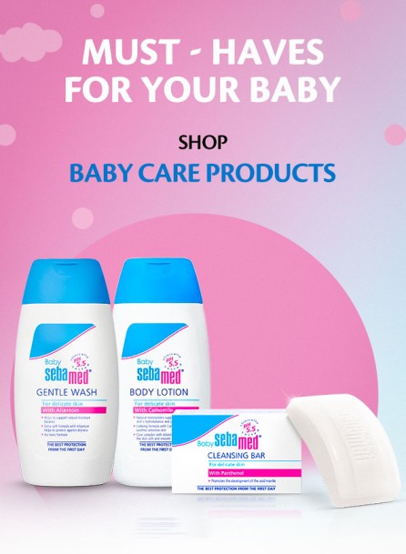 Baby care products including Gentle Wash, Body Lotion, and Cleansing Bar on a pink background with text promoting baby care products.