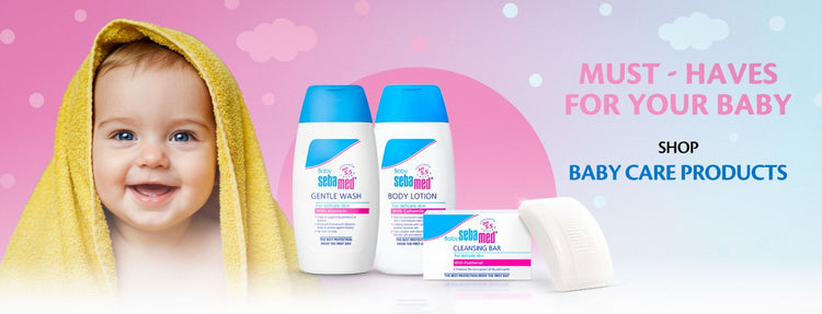 Baby care products with a baby and towel on a pink and blue gradient background