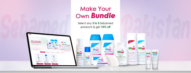 Sebamed products with a laptop displaying an online bundle offer on a light purple background.