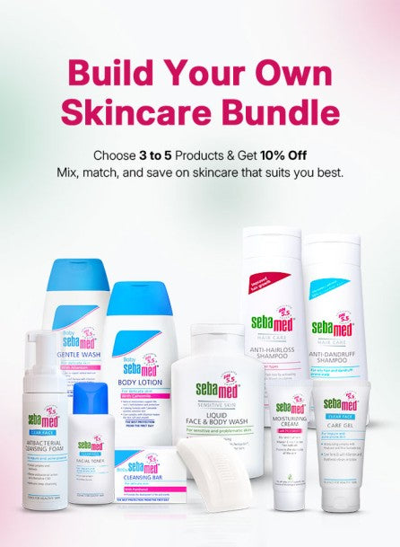 Sebamed skincare products with promotional text for building a skincare bundle.