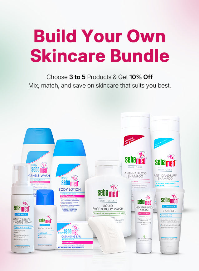 Sebamed skincare products with promotional text for building a skincare bundle.