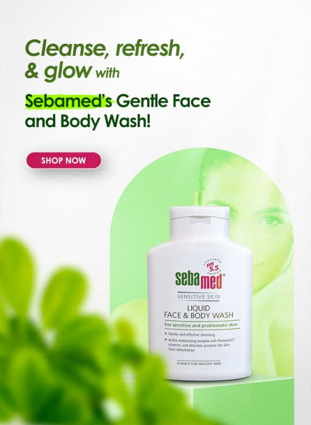 Sebamed Gentle Face and Body Wash with green leafy background