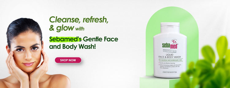 Sebamed liquid face and body wash bottle with a woman and green plant on a light background